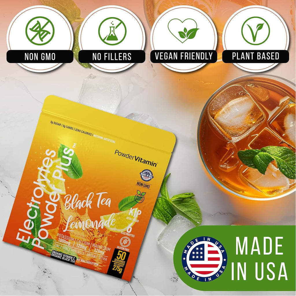 Electrolytes Powder Plus (50 Servings) Black Tea Lemonade Electrolyte Powder Zero Calorie Keto,0 Sugar, No Maltodextrin,1000mg Potassium,120mg Calcium,120mg Magnesium, Hydration Powder