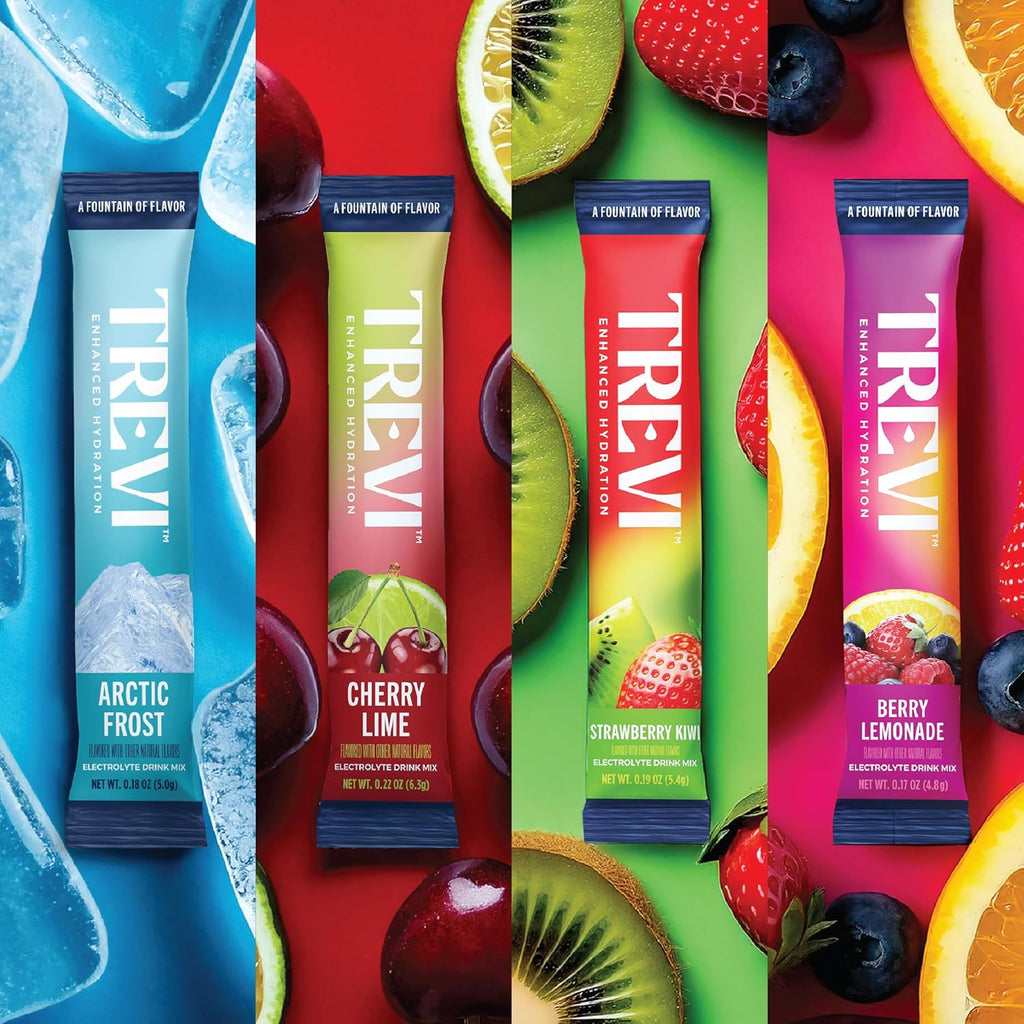 TREVI™ Sugar Free Electrolytes - Drink Mix Hydration Powder Packets - 8 Count - Favorites Variety Sample Pack - Cherry Lime, Strawberry Kiwi, Berry Lemonade, Arctic Frost