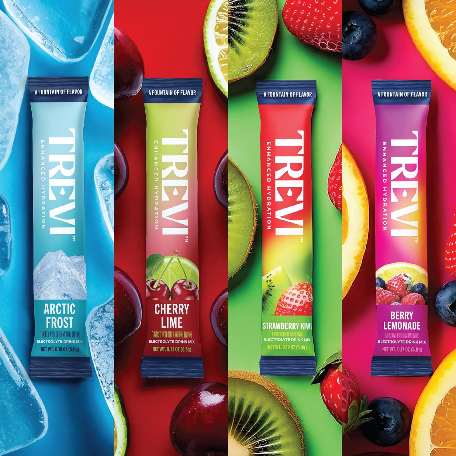 TREVI™ Sugar Free Electrolytes - Drink Mix Hydration Powder Packets - 8 Count - Favorites Variety Sample Pack - Cherry Lime, Strawberry Kiwi, Berry Lemonade, Arctic Frost