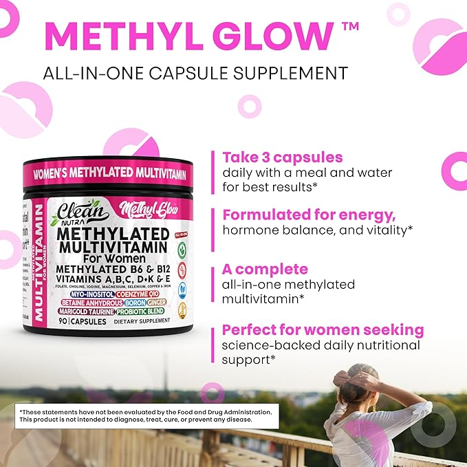 Methylated Multivitamin for Women Vitamins B6 Methyl B12 A B C D K E Folate Choline Omega 3 Thiamine Riboflavin Iron Iodine Magnesium Zinc Selenium Copper Calcium 90 Capsules by Clean Nutra