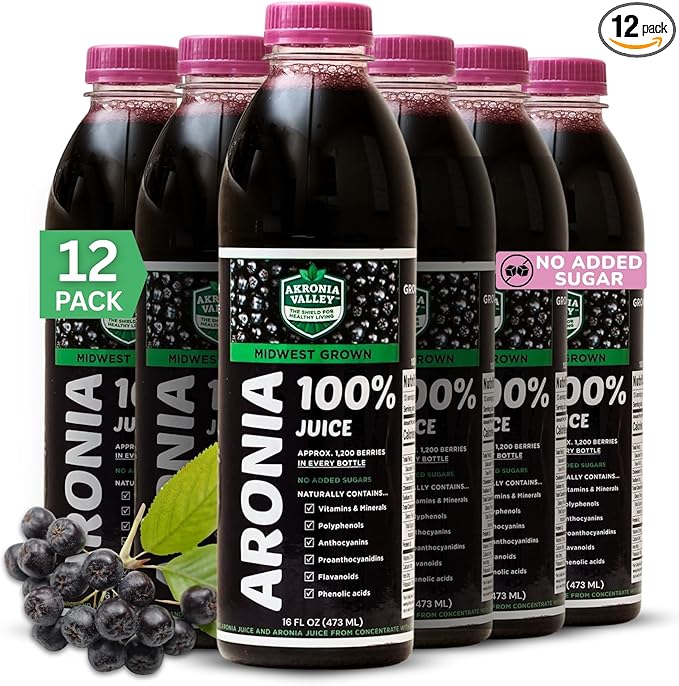 100% Aronia Berry Juice | 16 Fl Oz (Pack of 12) One Month Supply | Gluten Free Superfood Juice Drink