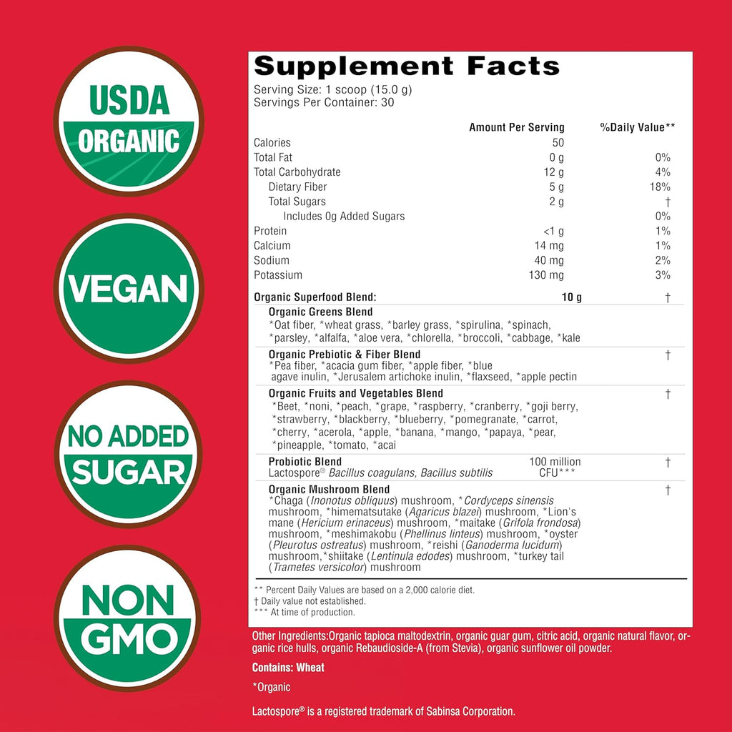 Country Farms Super Greens Berry Flavor, 50 Organic Super Foods, USDA Organic Drink Mix (Wheat Grass, Spirulina, Chlorella) Mushrooms & Probiotics, with Fiber, Gut Health, Natural Energy, 30 Servings