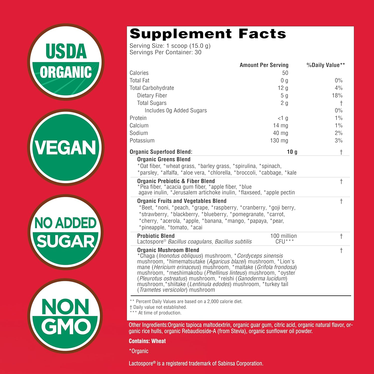 Country Farms Super Greens Berry Flavor, 50 Organic Super Foods, USDA Organic Drink Mix (Wheat Grass, Spirulina, Chlorella) Mushrooms & Probiotics, with Fiber, Gut Health, Natural Energy, 30 Servings