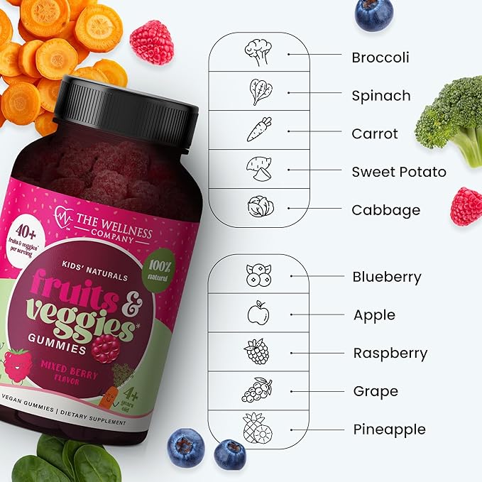 The Wellness Company Kids Naturals Fruits & Veggie Gummies – Daily Nutrition Support | 120ct (2 Month Supply)