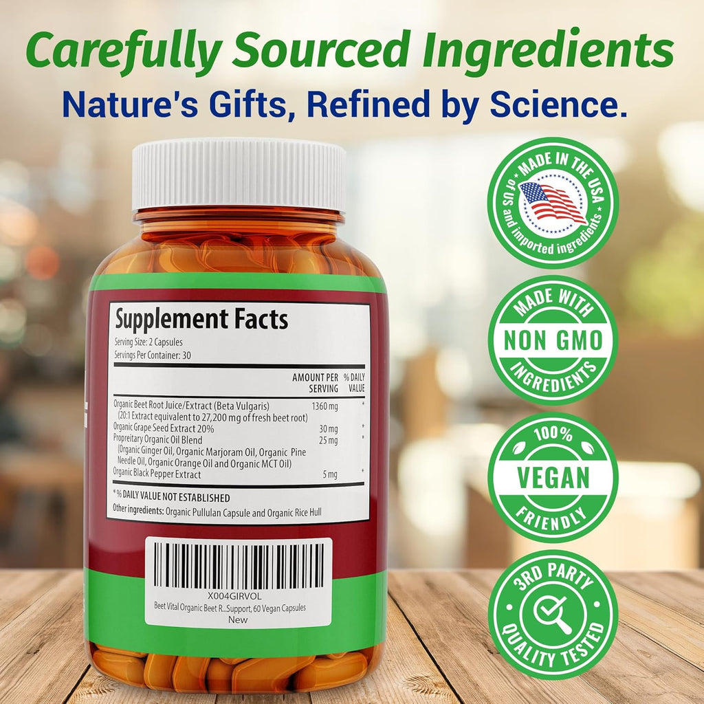 1 Body Beet Vital, Organic Beetroot Capsules for Circulation, Energy, & Stamina, Nitric Oxide Booster Beets Supplements with 1360mg Beetroot Extract, Vegan, Non-GMO - Beet Root Supplements, 60 Count