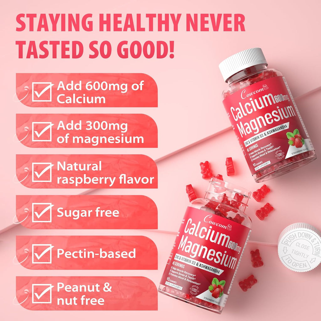 Calcium Magnesium Zinc Gummies & Vitamin D3,B6,B12,Immune & Supporting Bone Health Calcium Magnesium Supplement for Women Men,Sugar-Free Vegan Strawberry Flavor 90 Counts