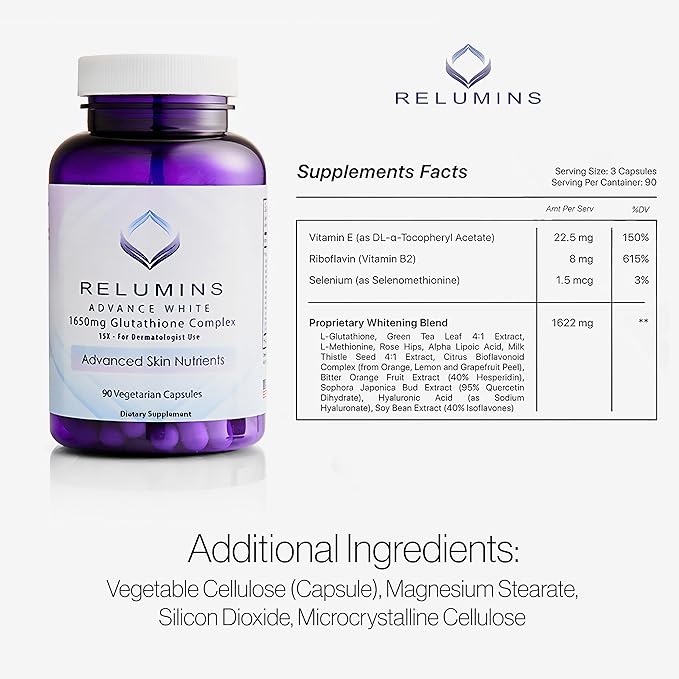 Relumins Dermavita Bundle – 1650mg Reduced Glutathione Complex (90 Veggie Capsules) with Alpha Lipoic Acid, Rose HIPS, Riboflavin & Vitamin E + Advanced Vitamin C 1000mg