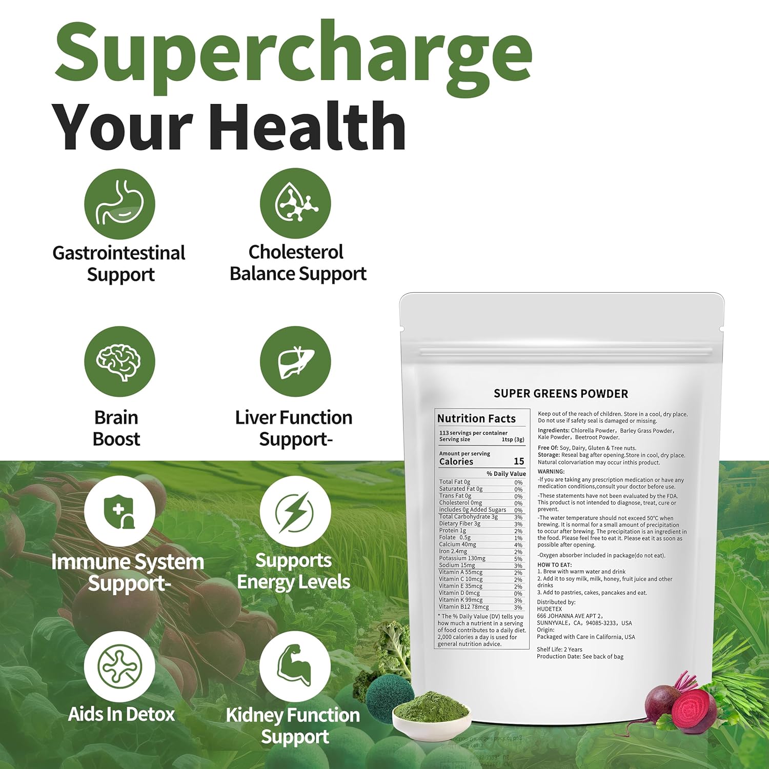 Hudetex Greens Powder Superfood for Immune Support with 12 oz，Greens Powder Smoothie Mix with Chlorella, Barley Grass, Kale & Beetroot Smoothie Booster, Chlorophyll Providing Greens.