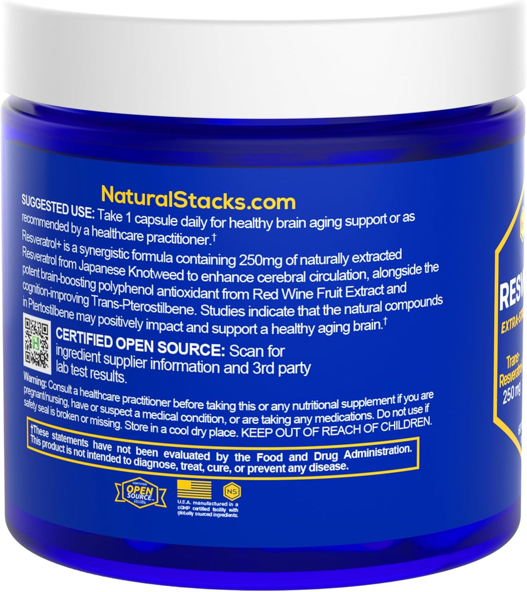 Resveratrol Supplement - 250mg Trans-Resveratrol & 10mg Trans-Pterostilbene - Antioxidants Supplement with 200mg Red Wine Extract - Extra Strength Aging Support - 60 Japanese Knotweed Capsules