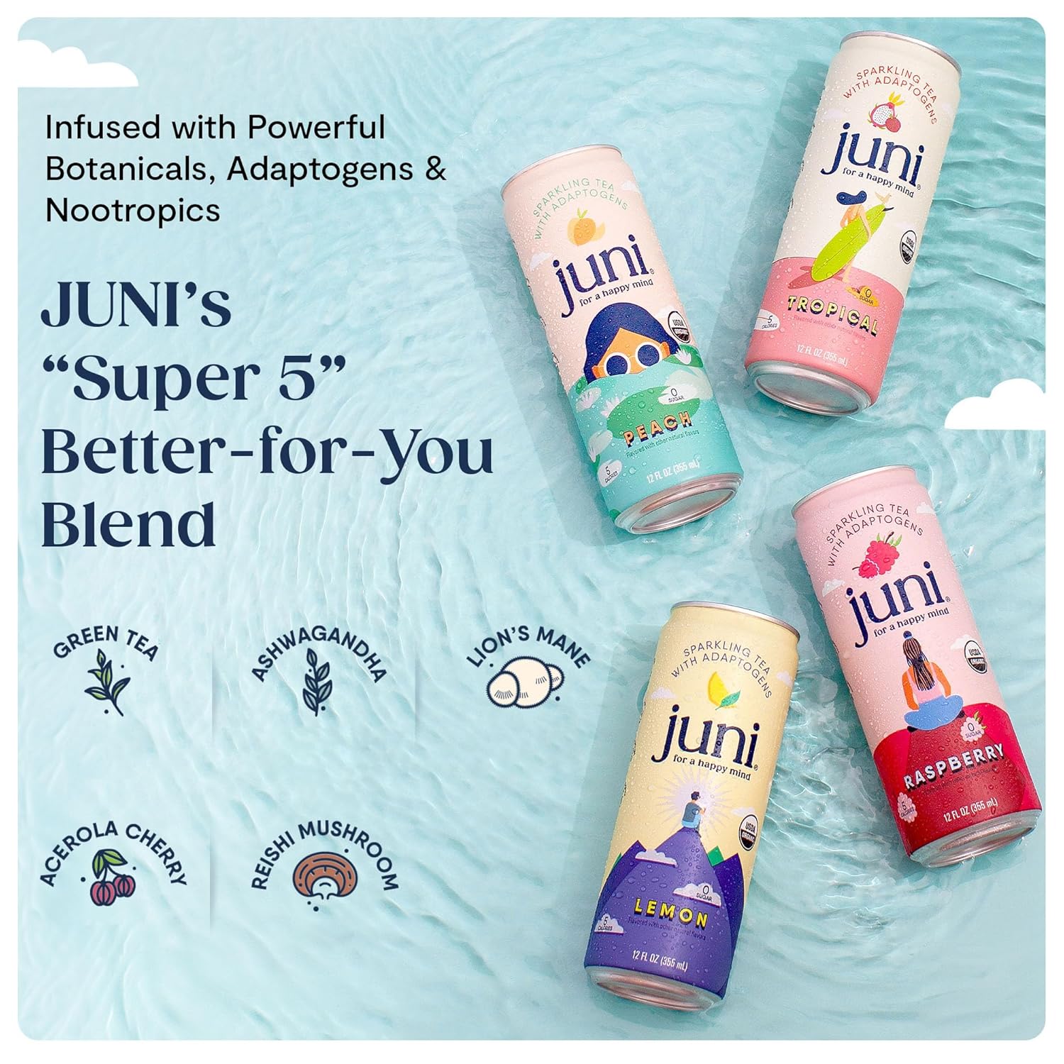 Juni Sparkling Adaptogen Drink with Ashwagandha, Lion’s Mane & Reishi Mushrooms | Green Tea for Focus, Zero Sugar, 10 Calories, Organic | Non Alcoholic Drinks - Lemonade Iced Tea 12 pack