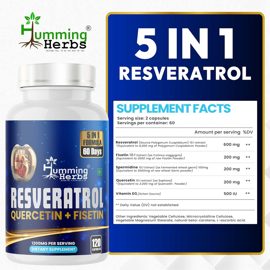 Resveratrol Supplement 1200mg – 5-in-1 Formula with Quercetin, Fisetin, Spermidine & Vitamin D3 – Cardiovascular & Wellness Support – 120 Capsules