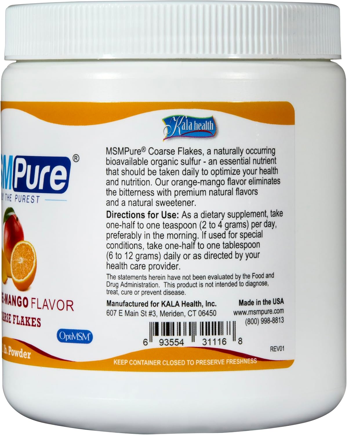 KALA HEALTH MSMPure Orange Mango Flavored Coarse MSM Powder Flakes – US-Made MSM for Joint Health, Skin Appearance, and Hair & Nail Support – 1 lb, Organic Sulfur