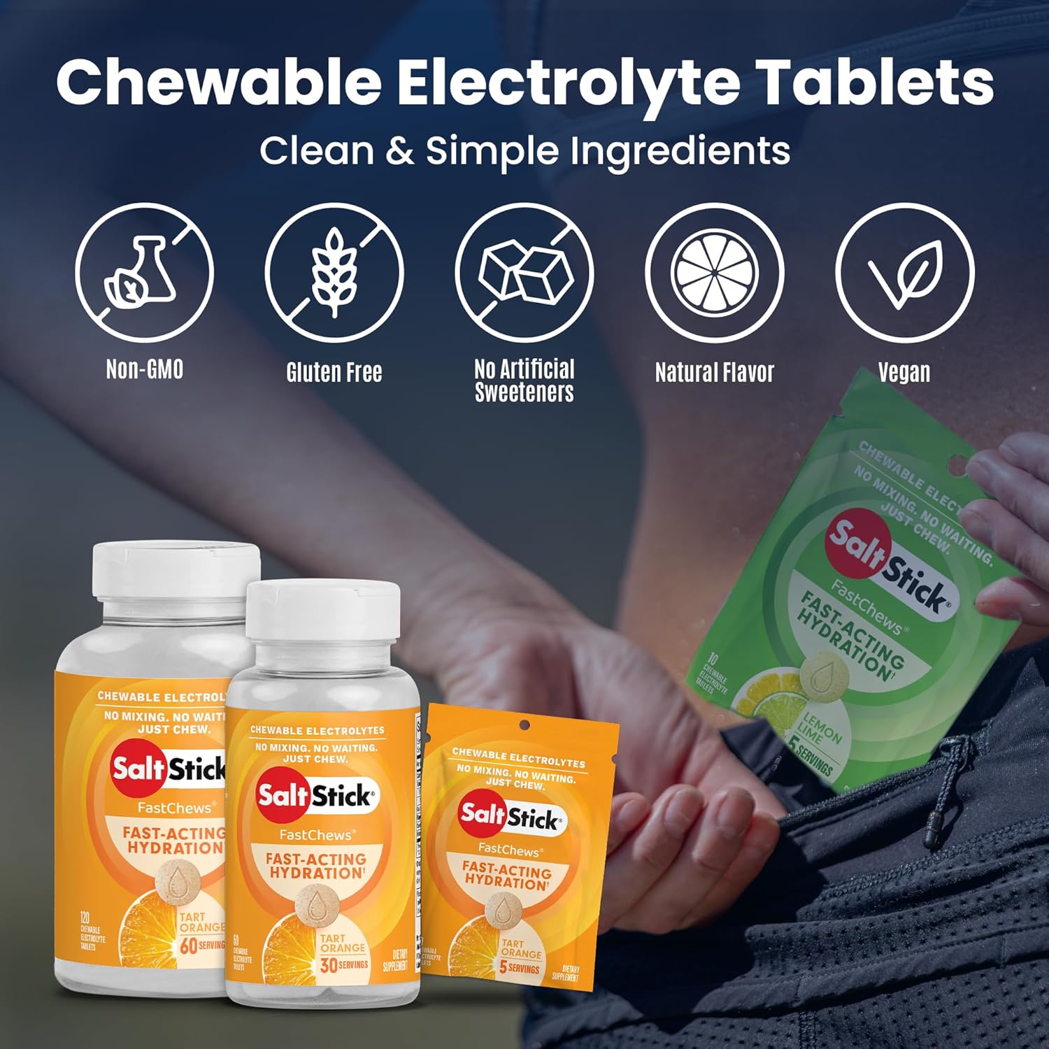 SaltStick Electrolyte FastChews - 120 Count Orange Flavor - Chewable Electrolyte Tablets for Hydration, Salt Tabs, Dehydration Relief