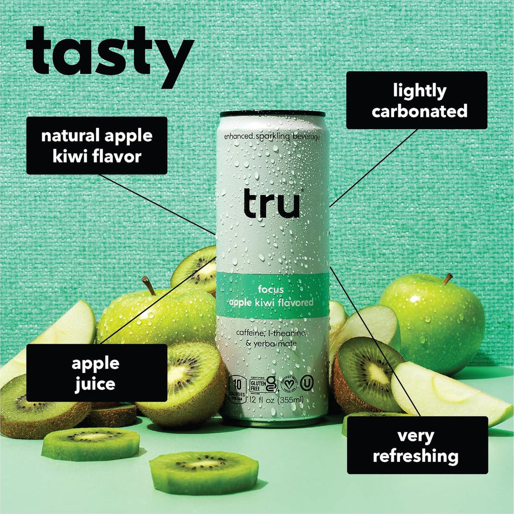 Tru Focus Seltzer, Sparkling Water with Green Tea Extract, Yerba Mate, L Theanine & Real Apple Kiwi Juice, Sweetened with Monk Fruit & Stevia, Gluten Free, Vegan, Sugar Free, 12 FL OZ Cans, 12 Pack