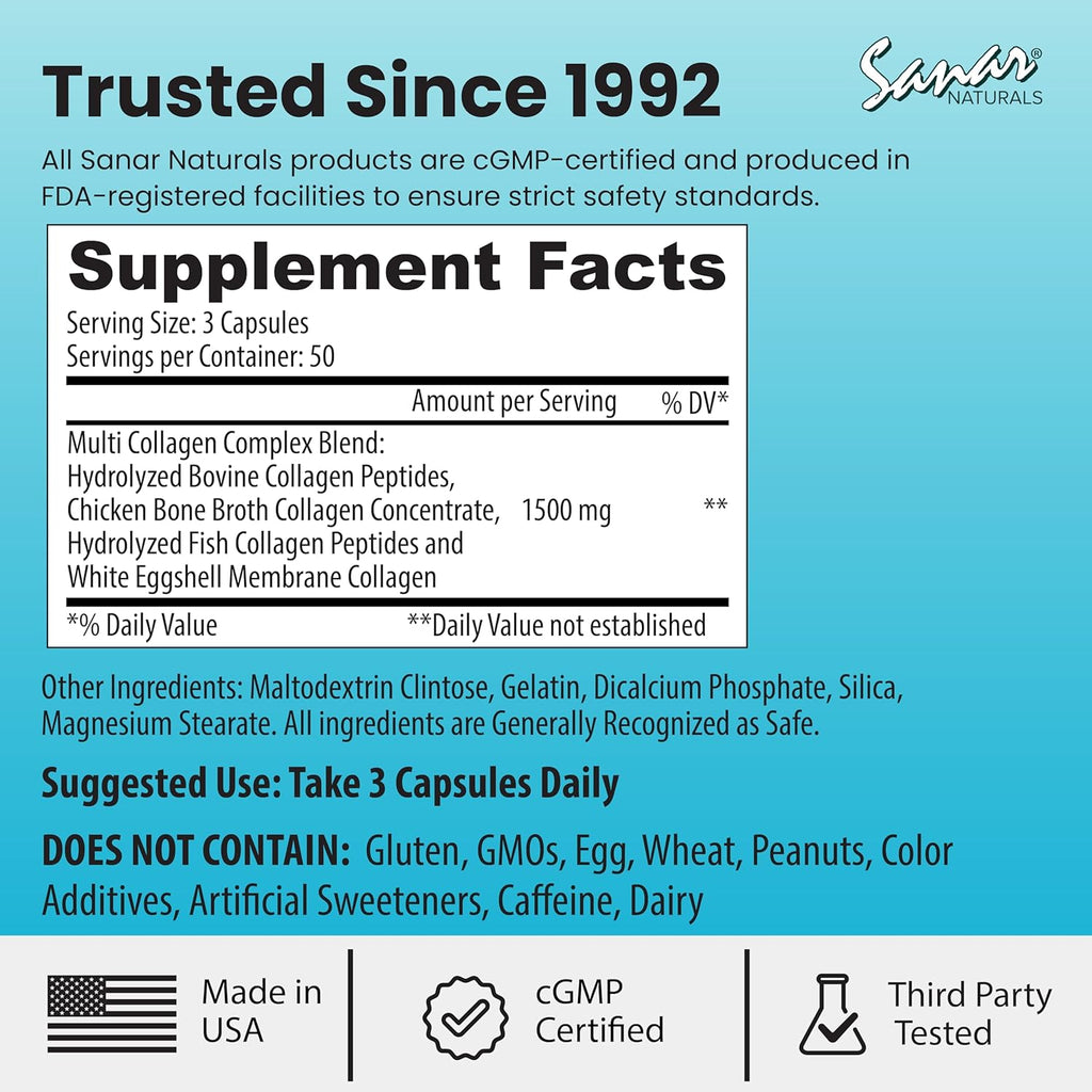 Sanar Naturals Multi Collagen Pills - Type I, II, III, V, X - Extra Strength Hair Skin Nails Joints - Hydrolyzed Collagen for Women and Men, 150 Capsules