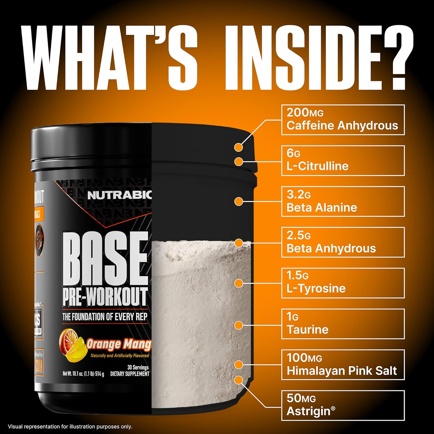 NutraBio Base Pre-Workout Powder 200mg Caffeine, Sustained Energy, Focus, Endurance, Pump, Sugar Free, Clean Preworkout for Men and Women - Beta Alanine, L-Tyrosine, 30 Servings - Orange Mango