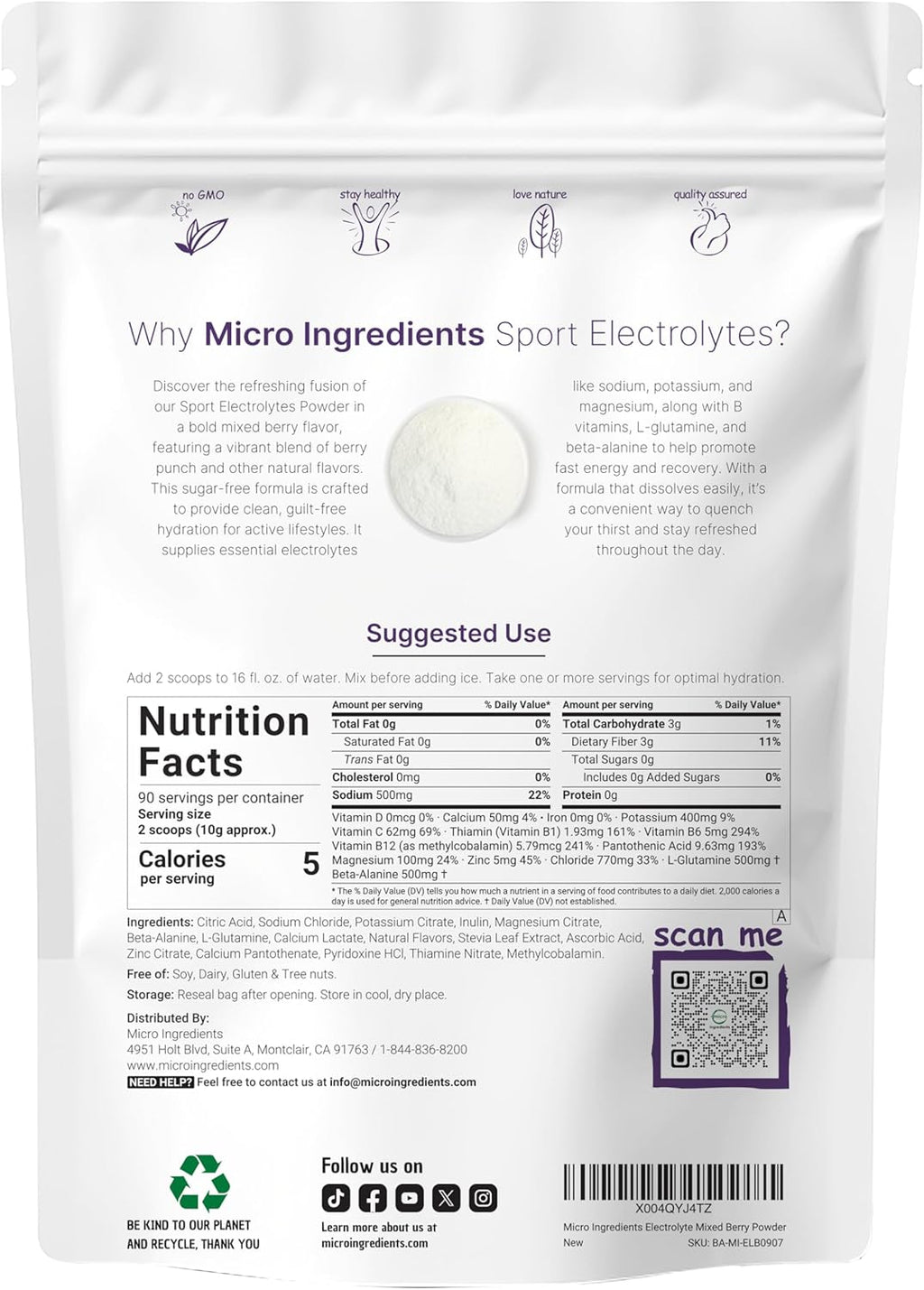 Electrolytes Powder, 2 lbs | 90 Servings | Sugar Free Workout Hydration | Potassium, Sodium, Magnesium, L-Glutamine, Beta-Alanine, & B Complex | Berry Punch Flavor | Non-GMO, Gluten Free