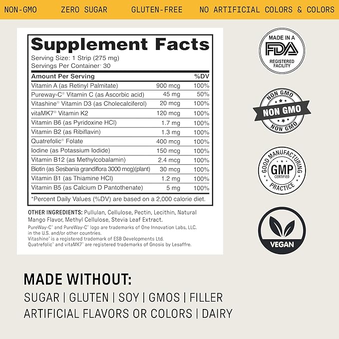 Meche Multivitamin for Women and Men Strip Supplements - Vitamins A, C, D, B6, Methylated B12, Folate, Biotin - Beauty, Energy, Immune Support - Sugar Free, Faster Than Vitamin Gummies (30 Strips)