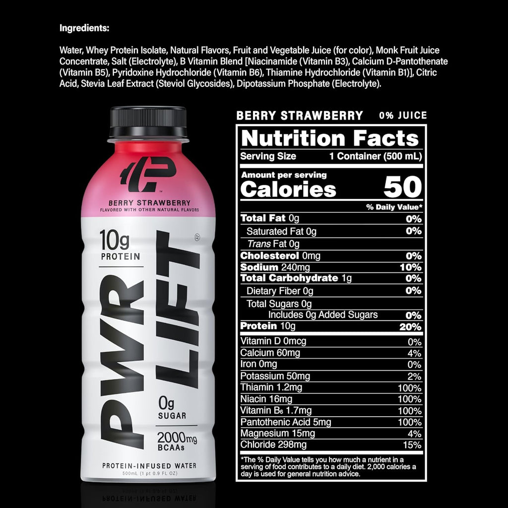 Whey Protein Water Sports Drink by PWR LIFT | Berry Strawberry | Keto, Vitamin B, Electrolytes, Zero Sugar, 10g of Protein | Post-Workout Energy Beverage | 16.9 Fl Oz (Pack of 12)
