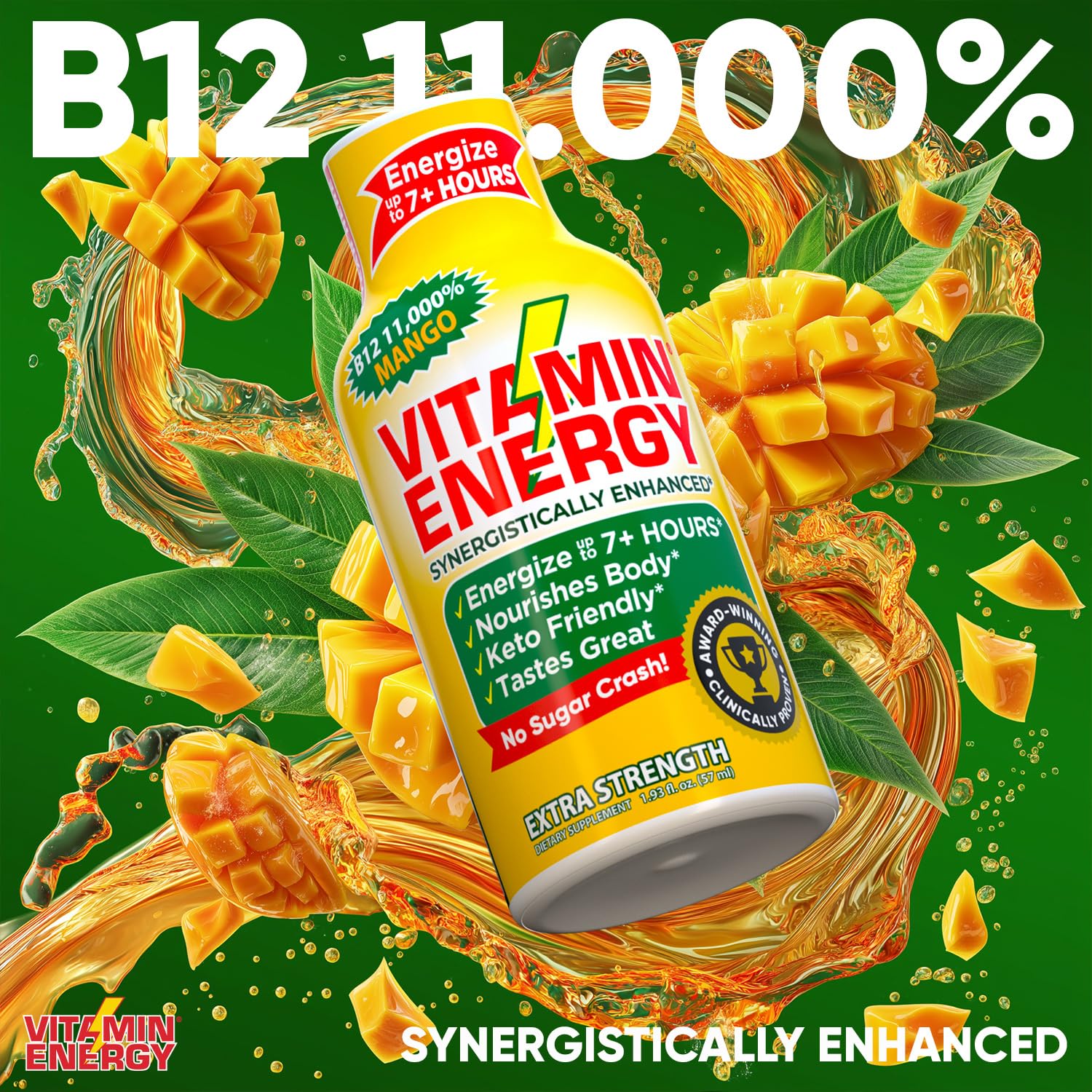 Vitamin Energy B12 11,000% Extra Strength Energy Shot Mango 12 Pack, 260mg Natural Caffeine, B12 & B6, Nootropic Focus, Vitality, Zero Sugar, Gluten-Free, Vegan, Kosher, 1.93 fl oz