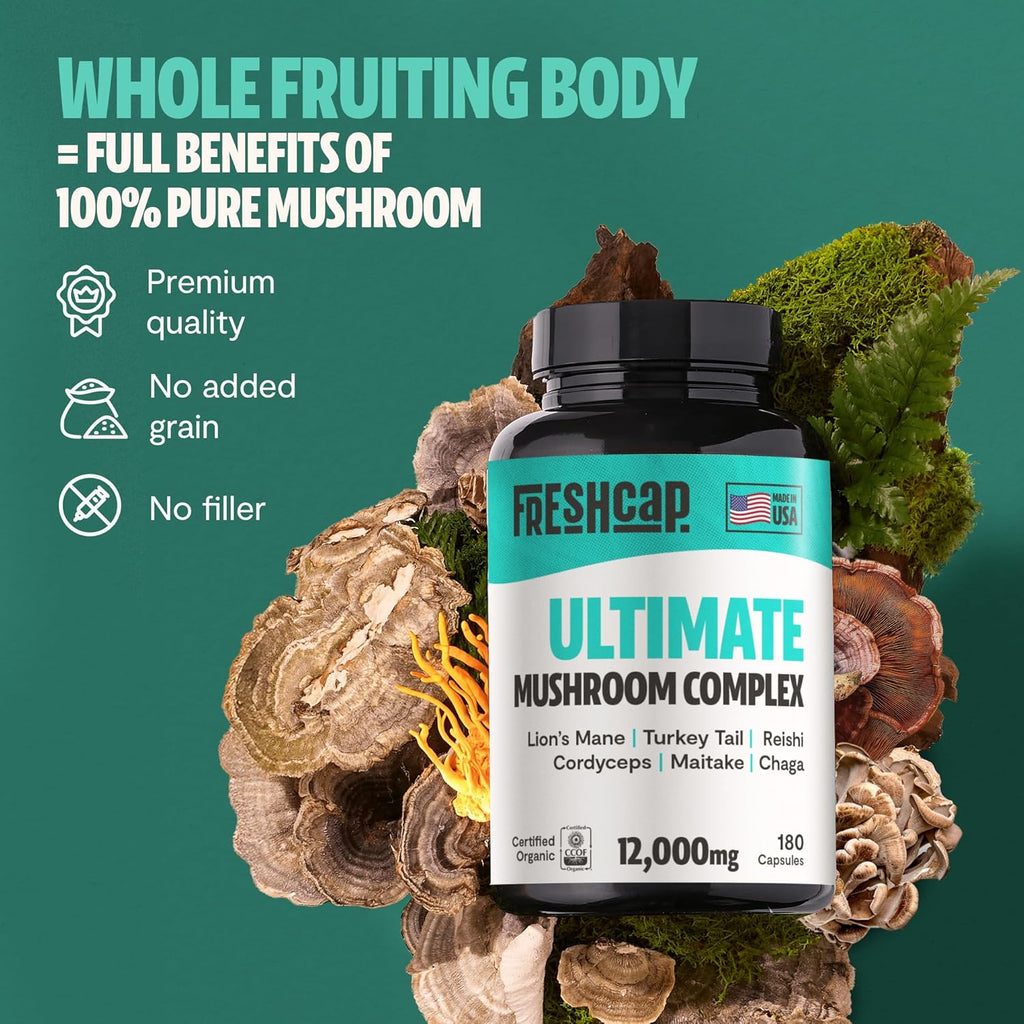 FreshCap Ultimate Mushroom Supplement 12,000mg - Nootropic Complex Capsules, Organic Mushroom Immune Support, Brain Supplements for Memory and Focus, Ayurveda Nootropic (180 Capsules)