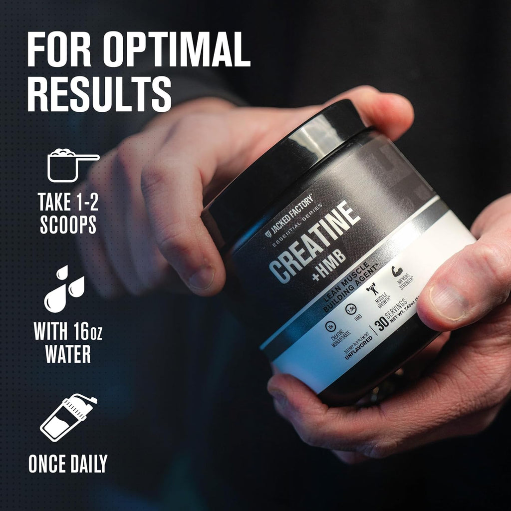Jacked Factory Creatine Monohydrate + HMB - Creatine Dietary Sports Nutrition Bodybuilding Supplement for Men and Women - Muscle Growth, Increased Strength, Enhanced Energy - 30 Servings, Unflavoured