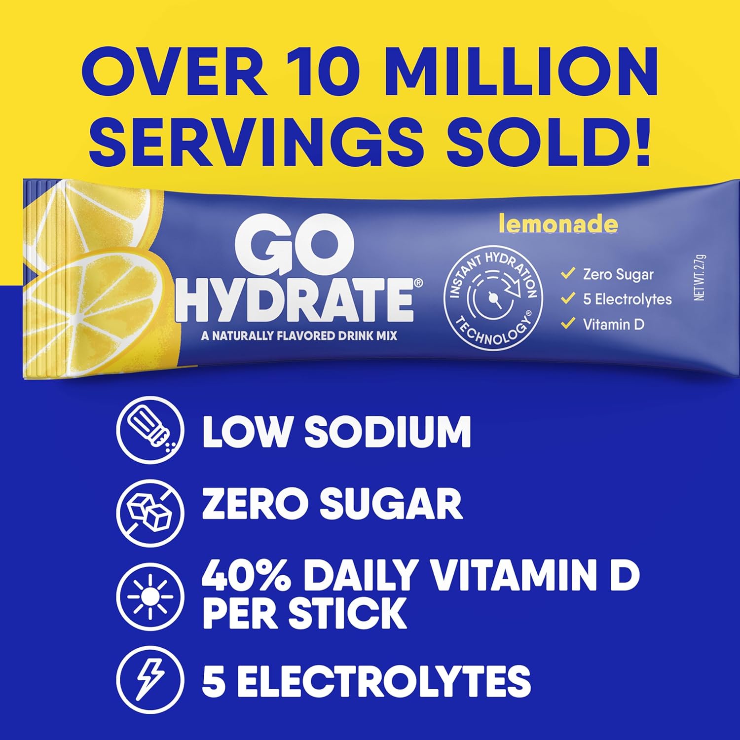 GoHydrate Low Sodium Electrolytes Powder Packets Sugar Free - Instant Hydration Daily Drink Mix - Zero Sugar Water Flavor Packet Singles with Vitamin D - (Lemonade, 30 Packs)