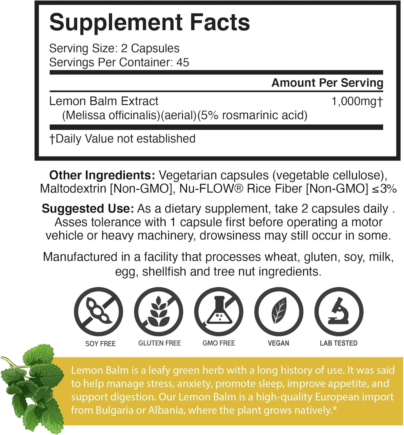 Brain Forza Lemon Balm R5 Extract Capsules - Standardized Extract 5% Rosmarinic Acid, 90 Capsules