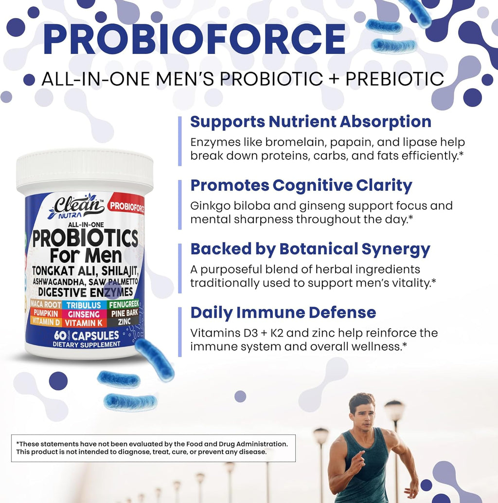 Clean Nutra Probiotics for Men | Tongkat Ali, Saw Palmetto, Tribulus, Ginseng, Ashwagandha, Maca, Pumpkin, Gingko Biloba, Pine Bark, Fenugreek, Shilajit, Zinc - Mens Probiotic 60 Capsules