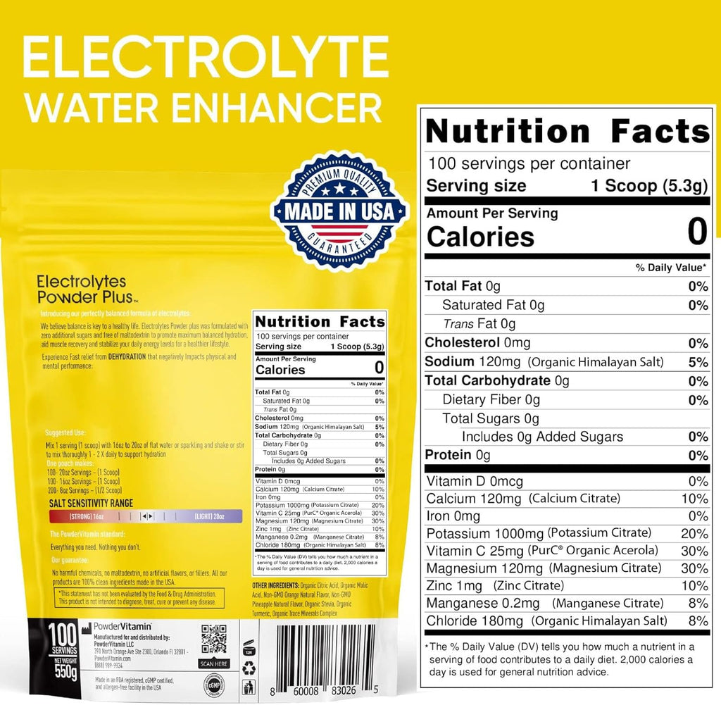 PowderVitamin Electrolytes Powder Plus (100 Servings) Orange Pineapple Electrolyte Powder Zero Calorie, Keto, 0 Sugar, No Maltodextrin,1000mg Potassium,120mg Calcium,120mg Magnesium, Hydration Powder