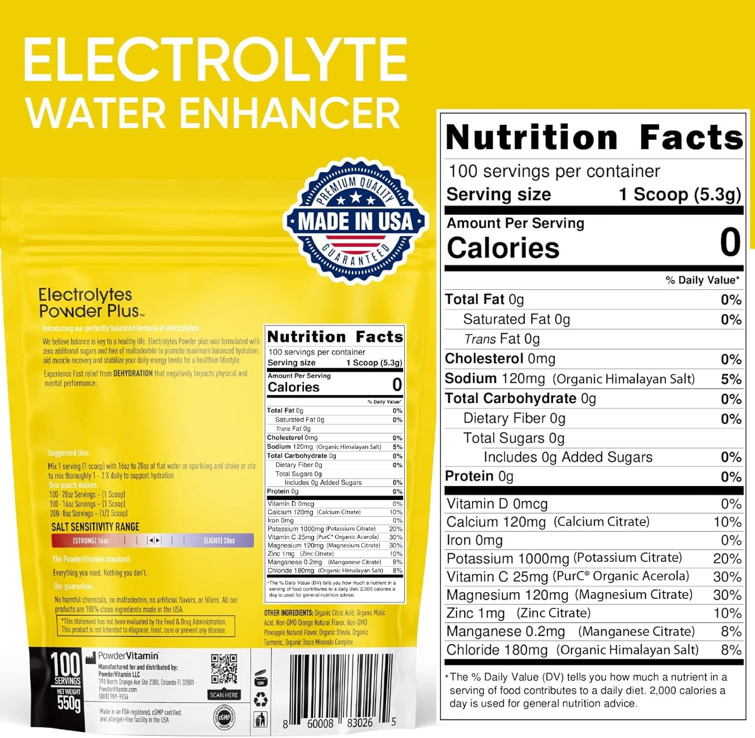 PowderVitamin Electrolytes Powder Plus (100 Servings) Orange Pineapple Electrolyte Powder Zero Calorie, Keto, 0 Sugar, No Maltodextrin,1000mg Potassium,120mg Calcium,120mg Magnesium, Hydration Powder