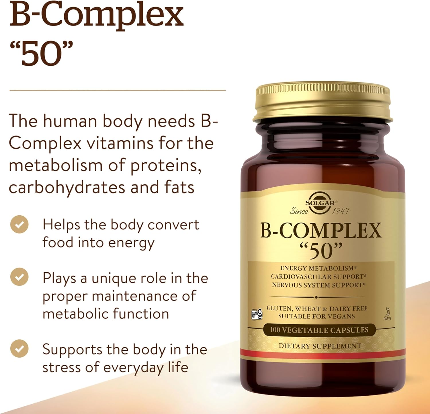 Solgar B-Complex “50”, 100 Vegetable Capsules - Energy Metabolism, Cardiovascular Support, Nervous System Support - Non-GMO, Vegan, Gluten Free, Dairy Free, Kosher - 100 Servings