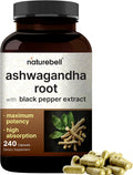 NatureBell Ashwagandha 12,500 mg Equivalent with Black Pepper, 240 Capsules | High Absorption Complex – Extra Strength 25:1 Root Extract – Adaptogens Supplements for Relaxation – Non-GMO