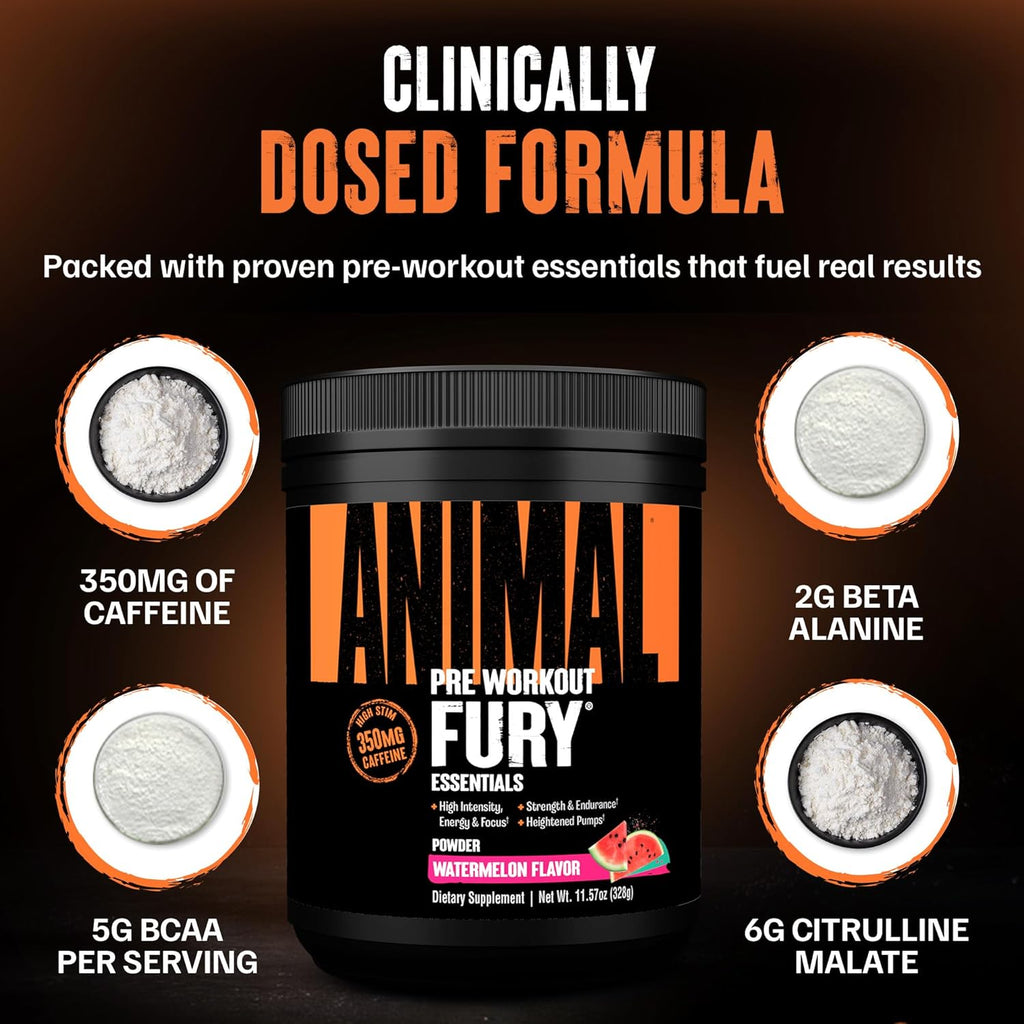 Animal Fury Pre Workout Powder - Watermelon, 350mg Caffeine, BCAA Amino Acids, 2g Beta Alanine, Citrulline & Tyrosine, Energy, Focus, Strength, Endurance, Preworkout for Men & Women, 20 Servings