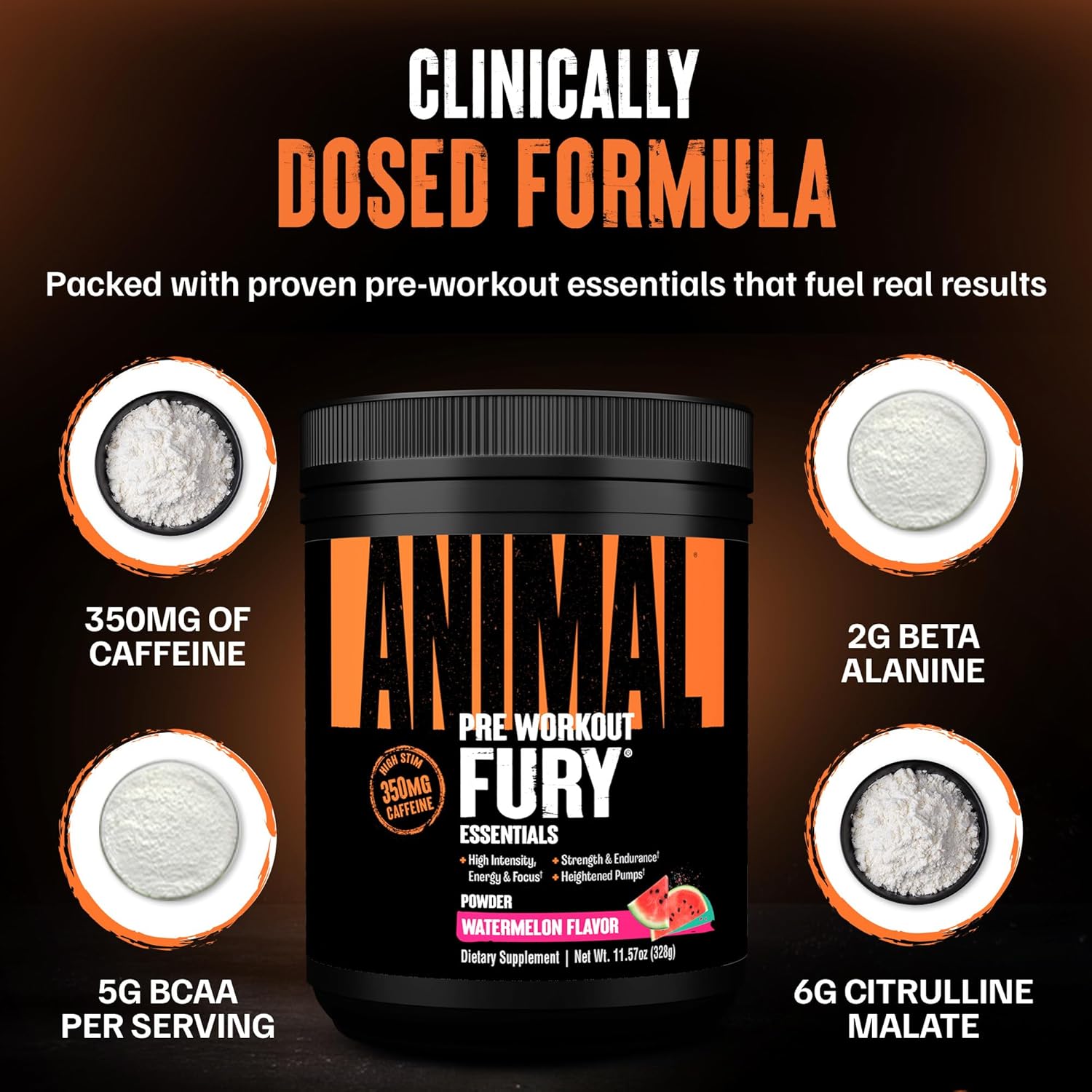 Animal Fury Pre Workout Powder - Watermelon, 350mg Caffeine, BCAA Amino Acids, 2g Beta Alanine, Citrulline & Tyrosine, Energy, Focus, Strength, Endurance, Preworkout for Men & Women, 20 Servings