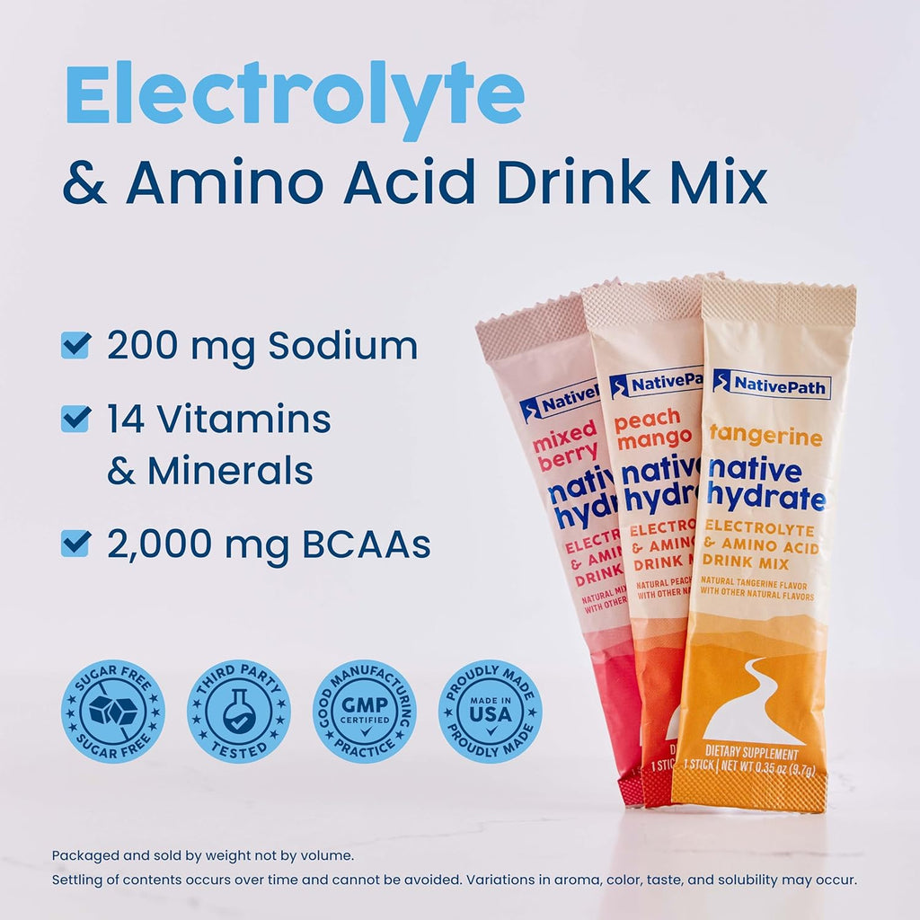 NativePath Native Hydrate Stick Packs with Electrolytes and Amino Acids, Variety Pack, Mixed Berry, Peach Mango, Tangerine, 30 Servings