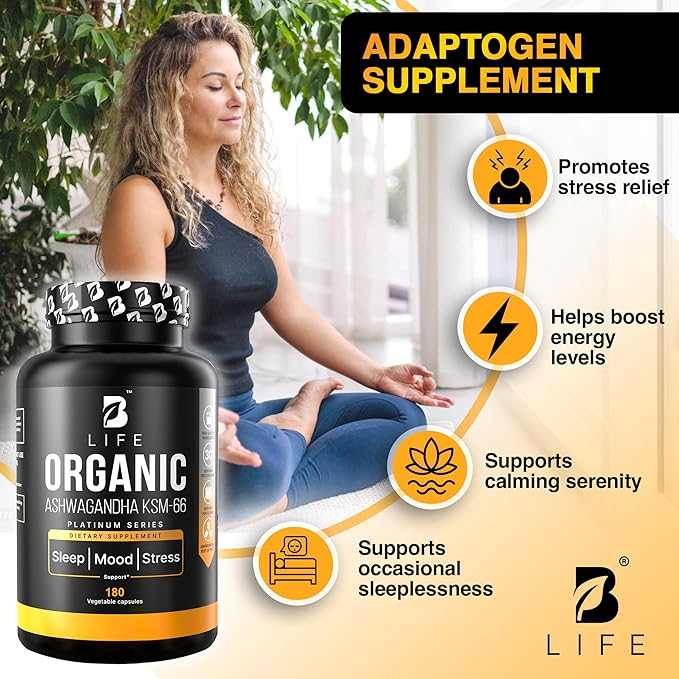 Organic Ashwagandha KSM-66 1000 mg Supplement | Adaptogen for Cortisol Support & Stress Relief | Mood, Calm & Sleep Aid for Men & Women | Ashwagandha ritual vitamins for women | 180 Vegan Caps