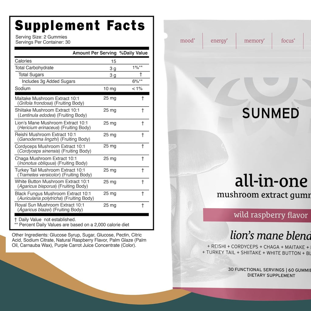 All-in-One Mushroom Gummy Supplements for Focus, Energy, Mood & Immune Support – 10 Functional Mushrooms (Lion’s Mane, Reishi, Cordyceps, Chaga) | Wild Raspberry Flavor, 60ct