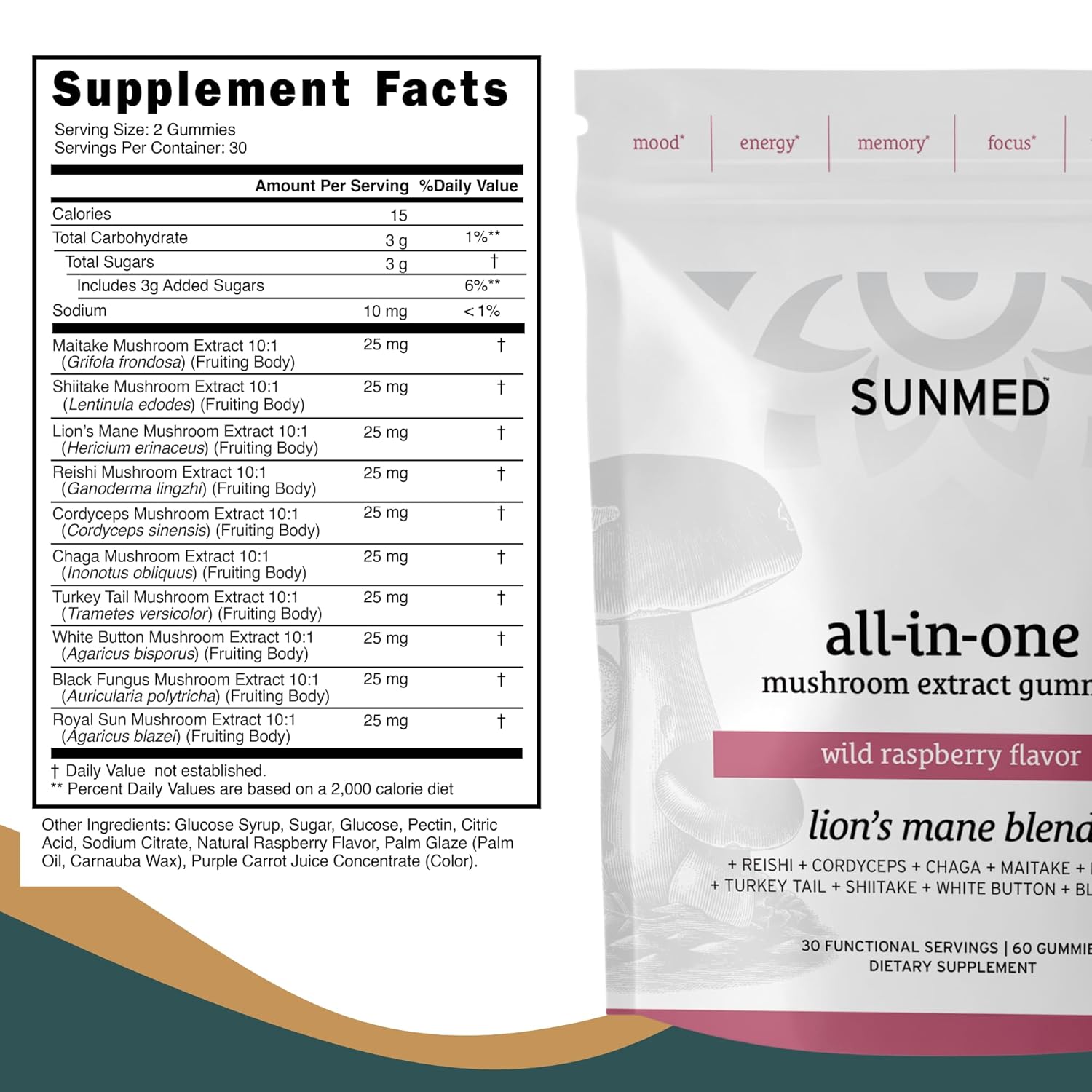 All-in-One Mushroom Gummy Supplements for Focus, Energy, Mood & Immune Support – 10 Functional Mushrooms (Lion’s Mane, Reishi, Cordyceps, Chaga) | Wild Raspberry Flavor, 60ct