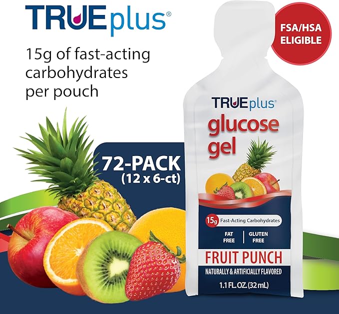 TRUEplus Glucose Gel Pouch, Fruit Punch Flavor, 15g Fast-Acting Carbohydrates, Fat Free, Gluten Free, Quick Support for Low Blood Sugar and Energy, 72 Pack