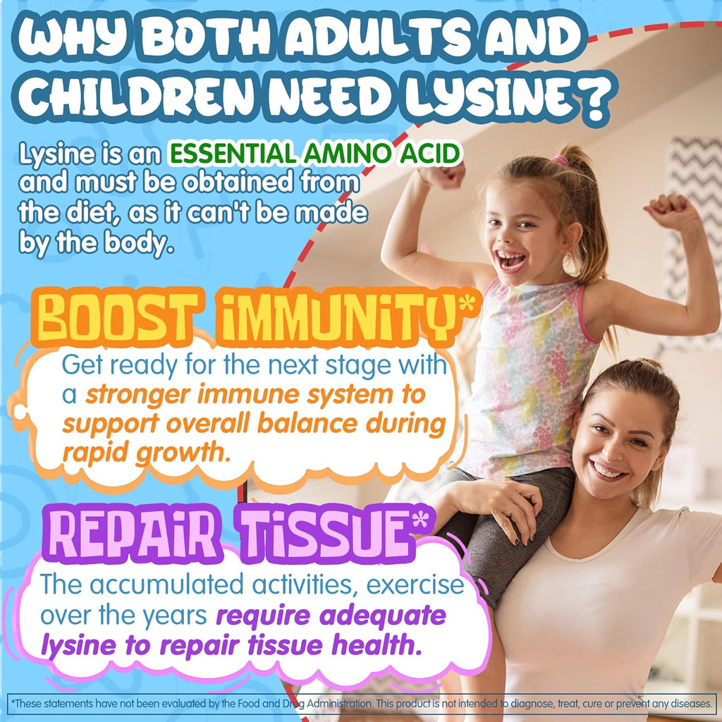 L-Lysine Gummies 500/1000mg with Algae Omega 3, Vitamin B2, D3, K2, C for Adults & Kids 9+, Lysine Supplement Support Immune, Lip & Oral, Collagen Production, Brain, Bone Health, Sugar Free 1Pack