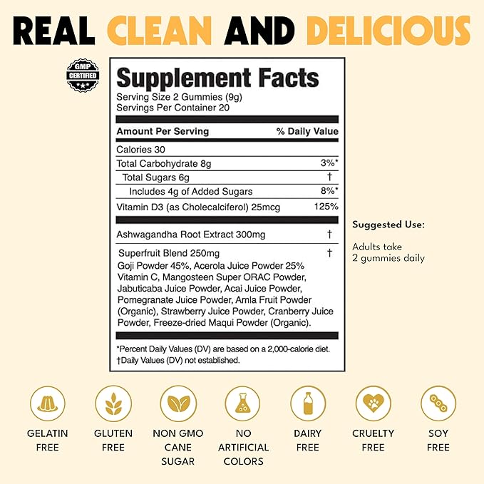 JUGO Focus + SUPERFOODS Ashwagandha Gummies with Vitamin D3 & Superfruit Blend, Vegetarian-Friendly Focus Supplement with Adaptogens, Gelatin-Free and Gluten-Free, Non-GMO, Made in USA, 40 Coun
