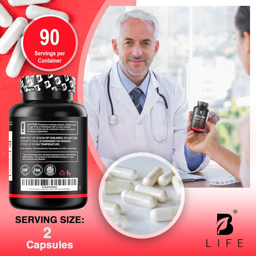 Butcher’s Broom, Horse Chestnut, L-Arginine and Resveratrol, Circulation Complex | 180 Caps - 45 Days | Made in USA by B Life. (CirculationUSA)