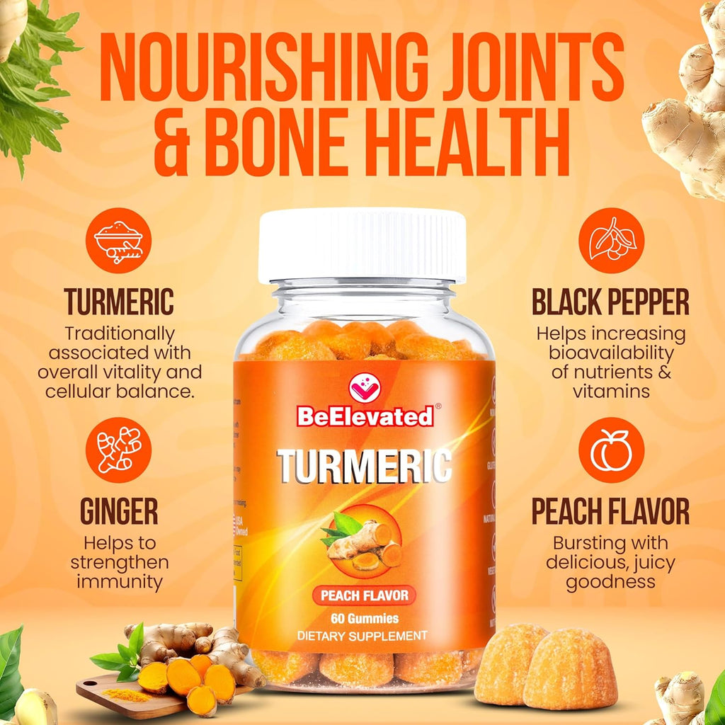 Curcumin Turmeric Gummies – Extra Strength 2000mg 8:1 Extract Turmeric Supplement Gummies with Black Pepper & Ginger – Vegan Non-GMO Joint Support Chewables – Peach Flavor, 60 Count