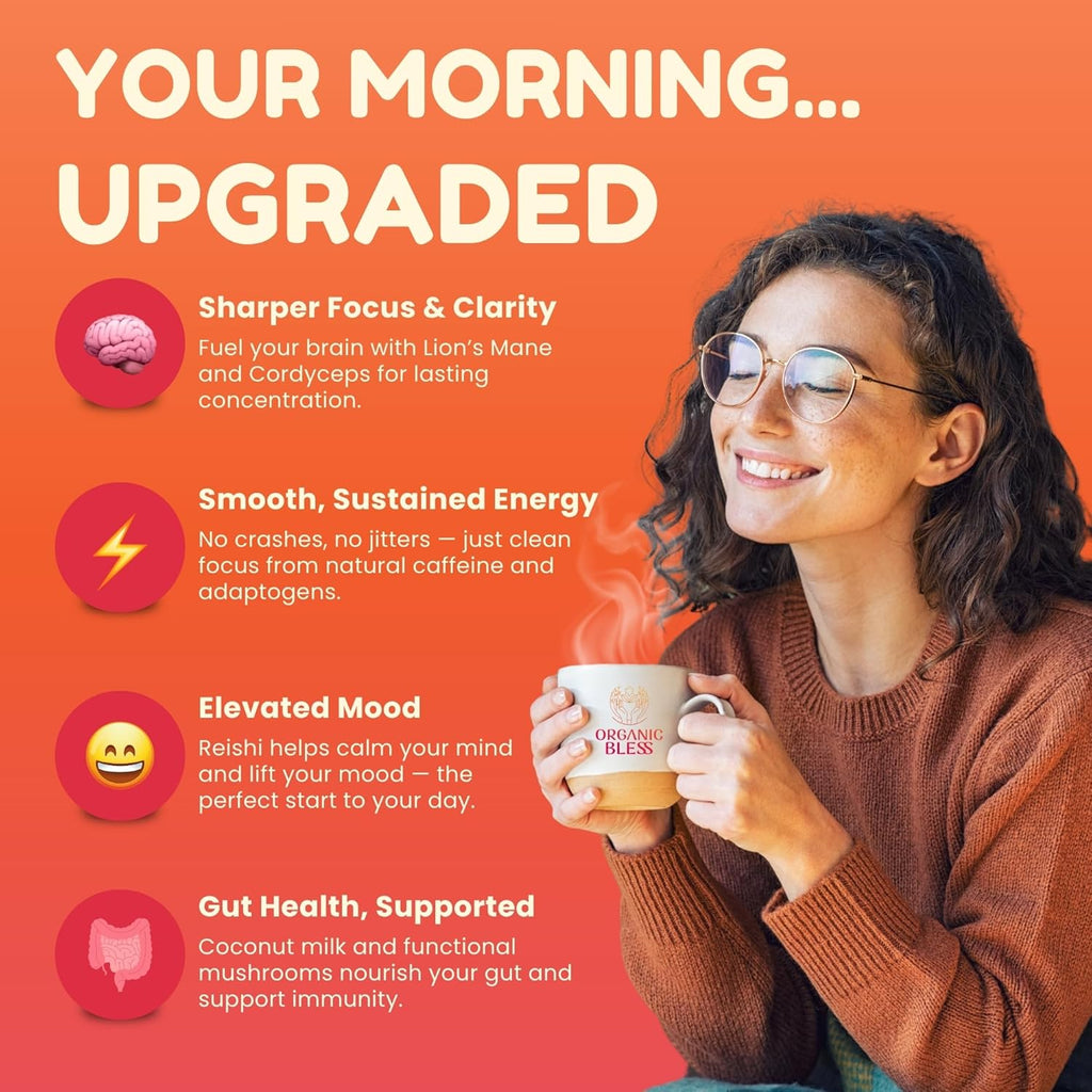Organic Bless Instant Mushroom Coffee Powder – Organic Lion’s Mane, Reishi & Cordyceps Blend for Energy, Focus & Clarity – Adaptogenic Coffee with Coconut Milk & MCT Oil – 30 Servings