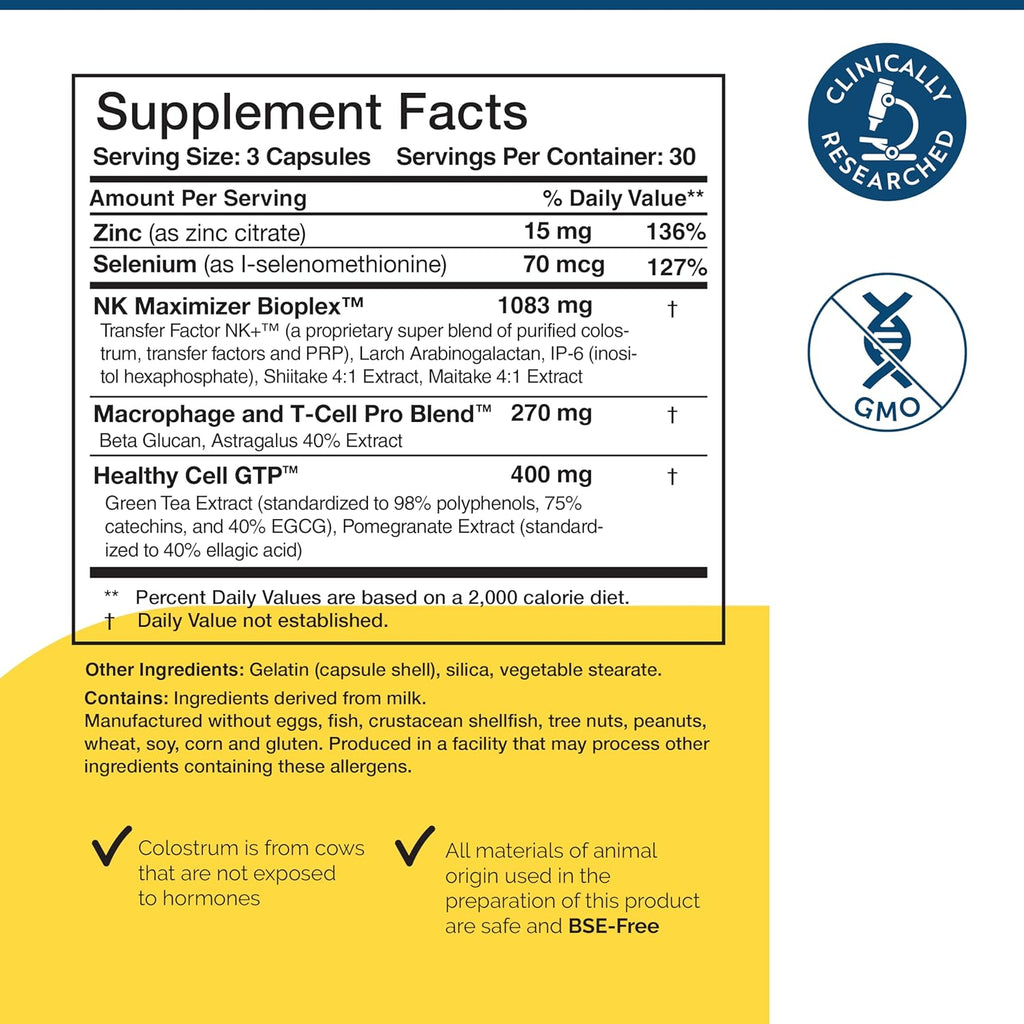 Researched Nutritionals Transfer Factor Multi-Immune - Complete Immune Support with Zinc, Beta Glucan, Mushrooms Supplement & Colostrum Capsules - Backed by Peer Reviewed Clinical Research (90 Count)