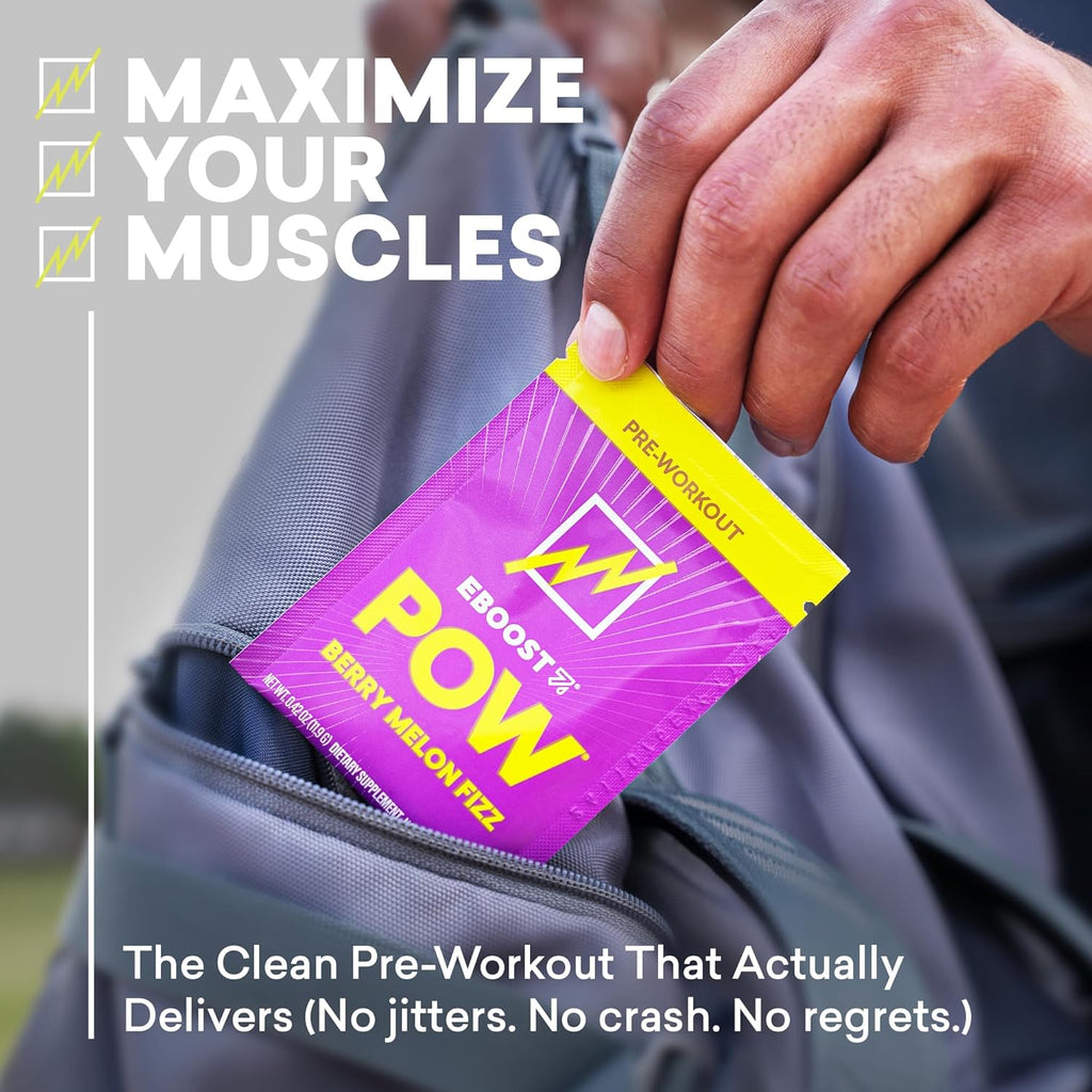 EBOOST POW Natural Pre Workout Powder - 15 Packets, Berry Melon Fizz - Preworkout Energy Booster Gym Supplement Drink Mix for Men and Women - Performance, Joint Mobility Support - Gluten-Free