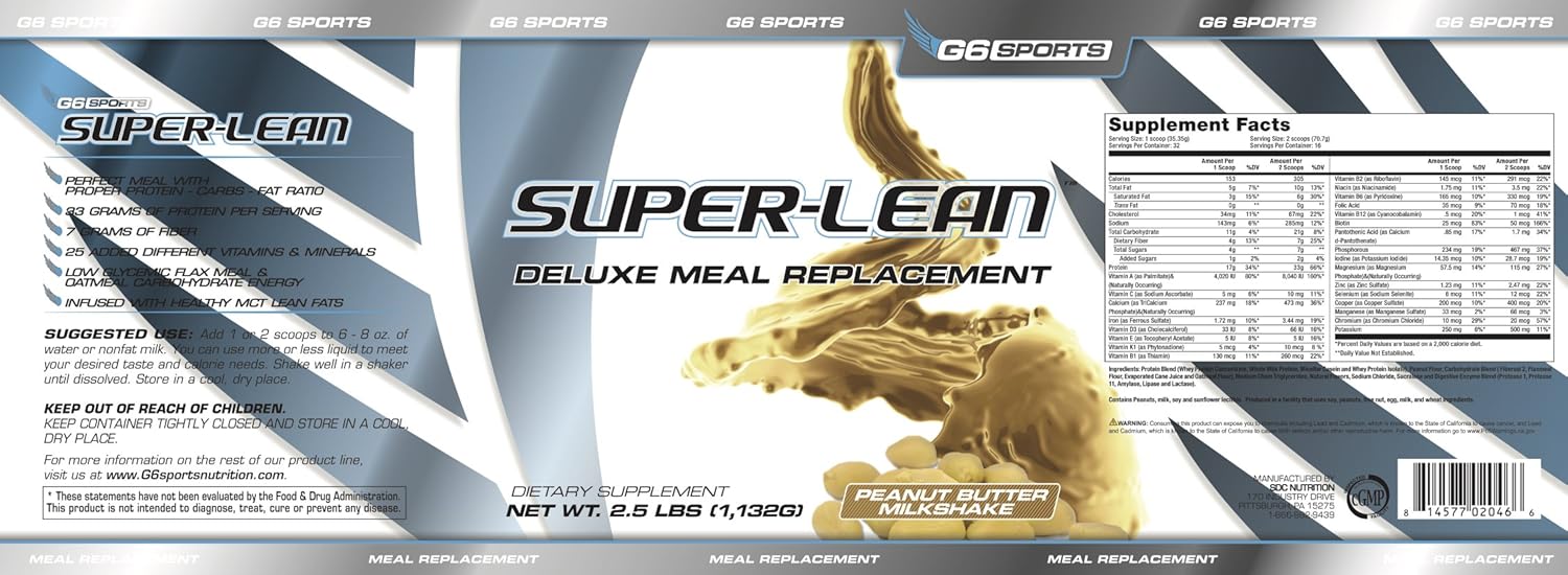 Nutrition Super-Lean Deluxe Meal Replacement (32g Protein, 7g Fiber, 25 Added Vitamins & Minerals) – 2.5lb Jar – Peanut Butter Milkshake