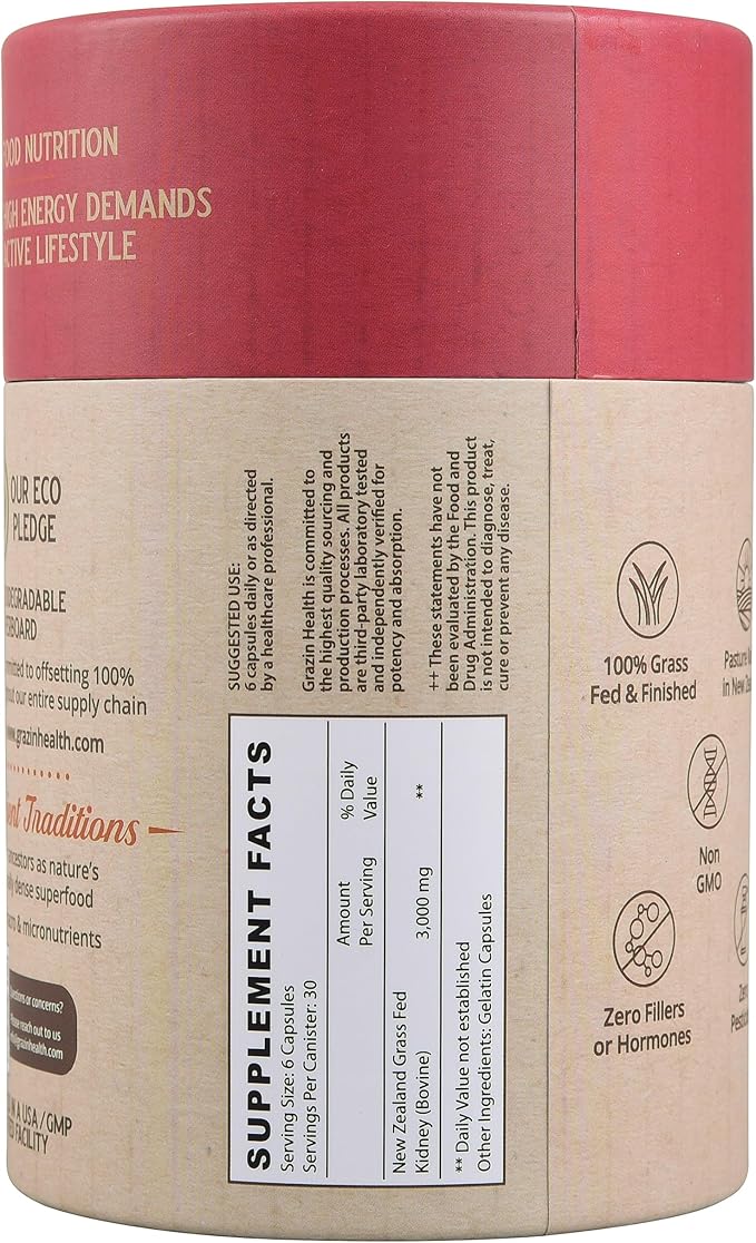 Grass Fed Bovine Kidney Capsules 3000mg | Whole Food Kidney Support Supplement from Pasture-Raised New Zealand Beef Organs | Non-GMO, Hormone-Free, Nutrient-Dense, 30 Servings