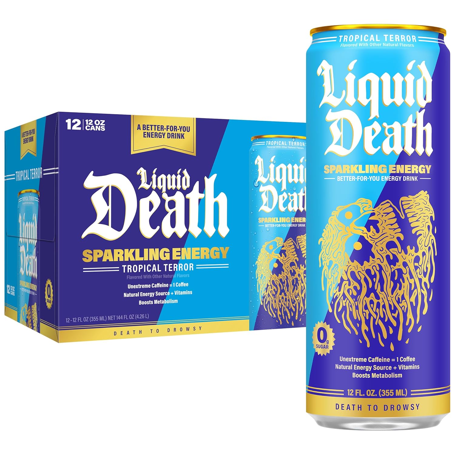 Liquid Death Sparkling Energy - Tropical Terror (Piña Colada Flavor), Sugar-Free Energy Drink, Unextreme Caffeine 100mg, Essential Vitamins, 12 Fl Oz (Pack of 12)